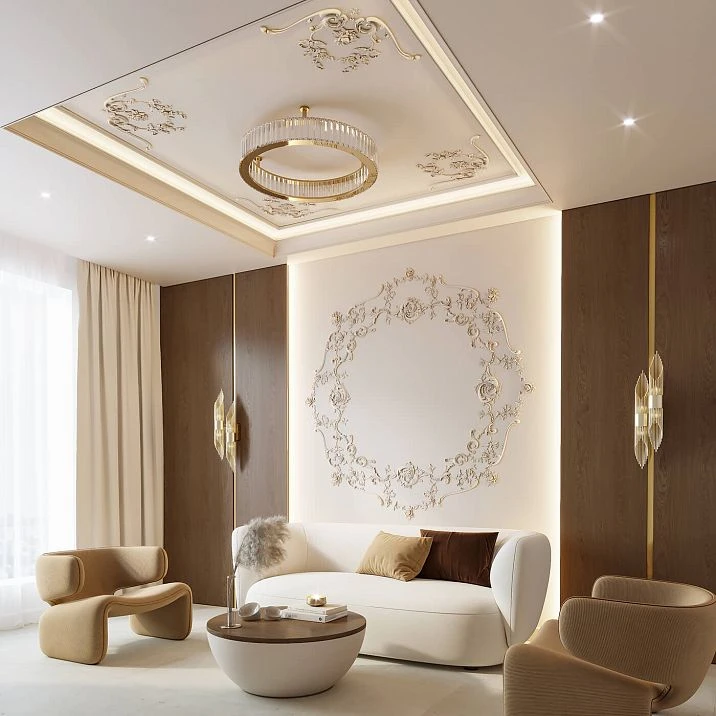 CPU-P2 plaster decor set in a living room interior with ceiling decor and lighting