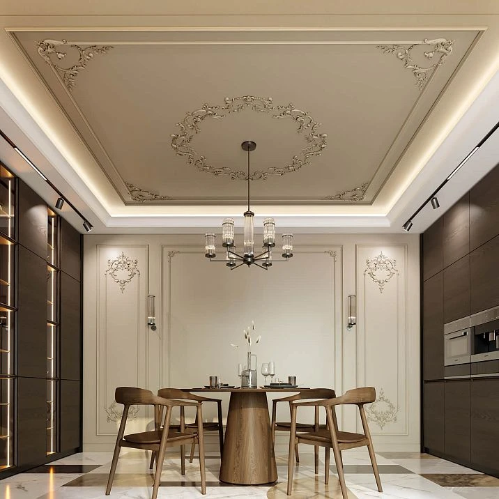 CPU-P3 plaster decor set in a kitchen-living room interior with ceiling decor and a chandelier