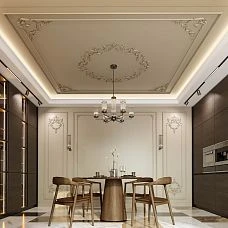 CPU-P3 plaster decor set in a kitchen-living room interior with ceiling decor and a chandelier