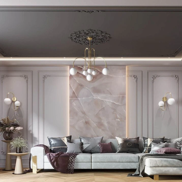 CPU-P4 ceiling decor in a living room with lighting and classic stucco