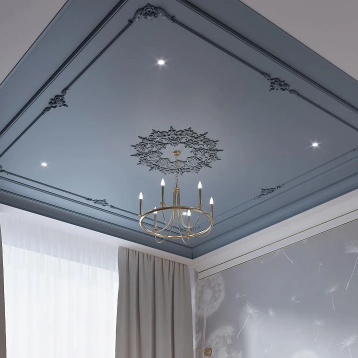 CPU-P5 plaster decor set in a room interior with ceiling decor and a chandelier