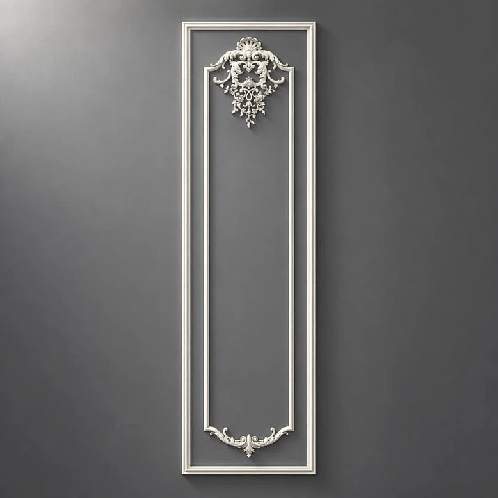 CPU-5-2 Molding Decor Kit: Tall vertical frame with upper Baroque ornament and lower decorative element, classic paintable panel
