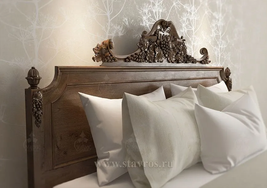 Detailed carved headboard of bed KRV-013 with grapevines and scrolls