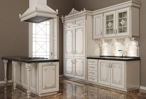 Classic Kitchen with a Solid Wood Dining Table in Light Tone with Carved Decor