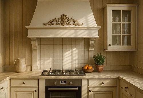 Modern Kitchen-Dining Room with a Round Table, Soft Armchairs, and Wall Moldings in Sunlight