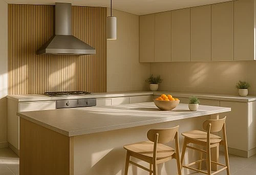 Modern Kitchen with Island, Wooden Elements, and Light Fronts in Minimalist Style