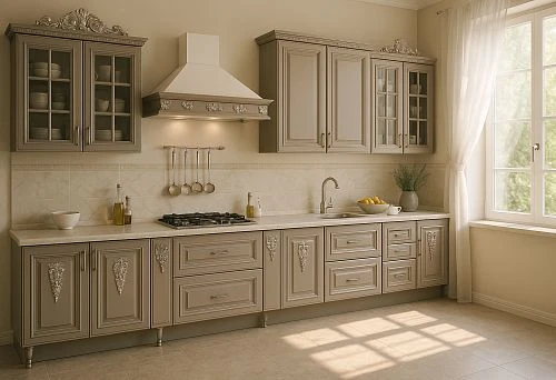 Stylish Classic Kitchen with Carved Facade Decor and Modern Functional Layout