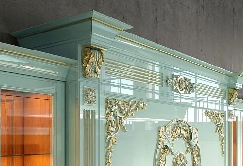 Elegant classic kitchen with glossy fronts and decorative accents.
