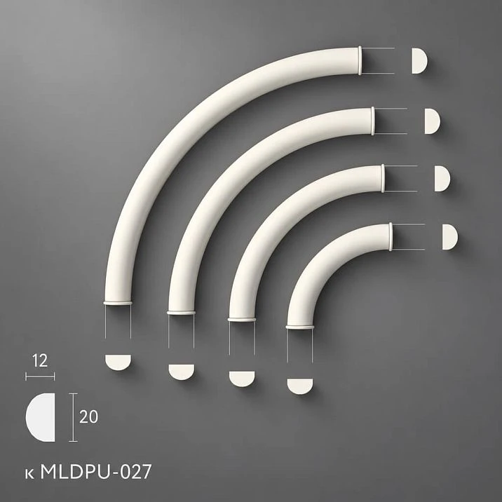 Four radius segments of polyurethane molding MLDPU-027U-1 on gray background
