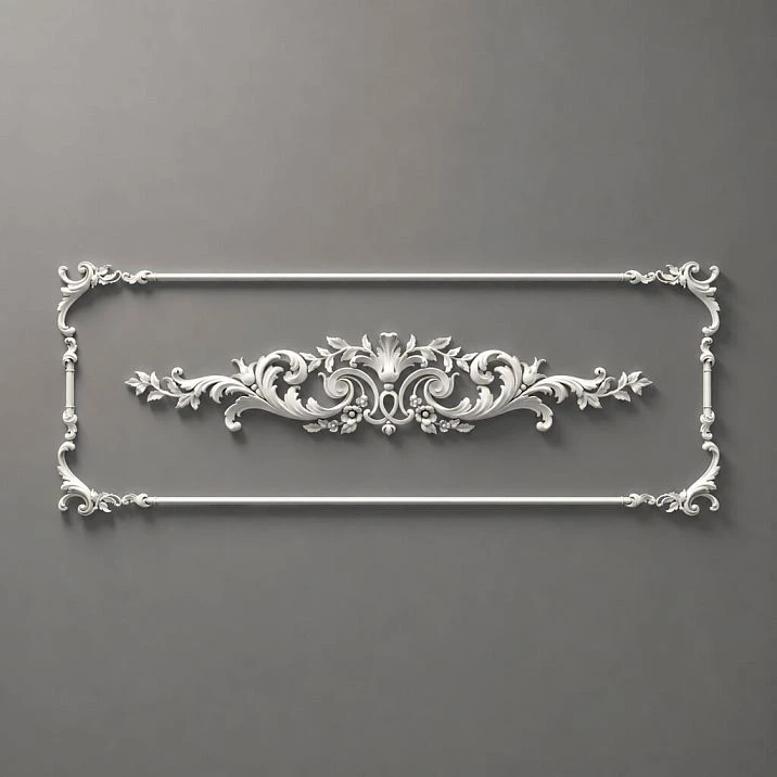 Stucco Decor CPU.VRS-064.1: Horizontal Panel with Baroque Ornament and Frame Border, 3D Visualization on Gray Background