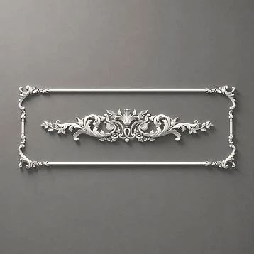 Stucco Decor CPU.VRS-064.1: Horizontal Panel with Baroque Ornament and Frame Border, 3D Visualization on Gray Background