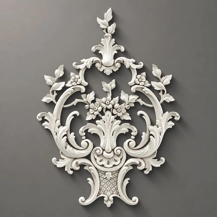 Relief decoration NPU-464: Baroque appliqu&eacute; from polyurethane with botanical scrolls and floral elements