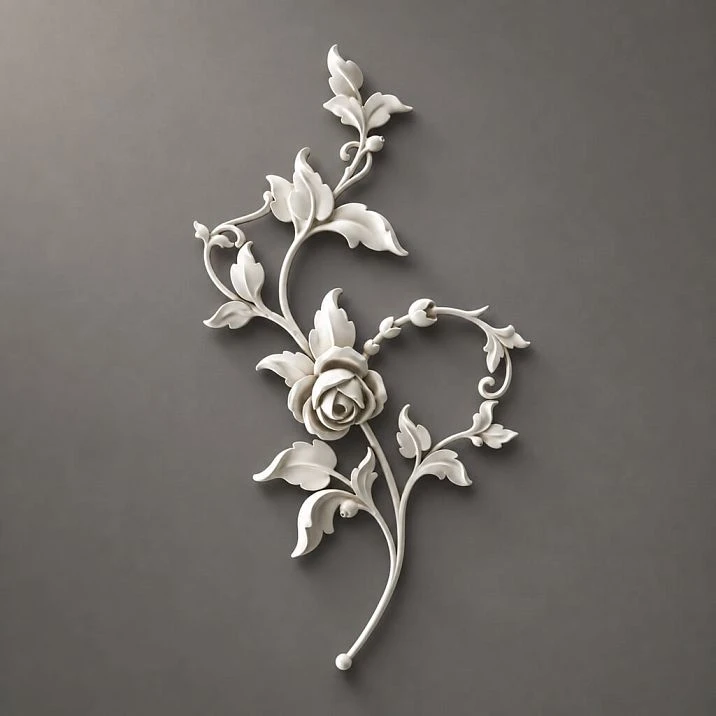 Relief decoration NPU-469R: rose with leaves from polyurethane