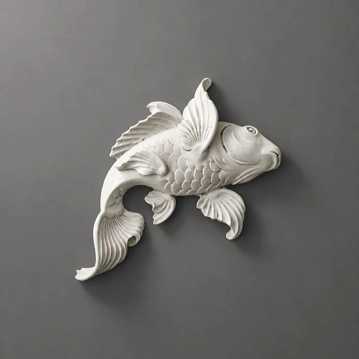 Molding decor NPU-486 Fish made of polyurethane, white color on gray background.