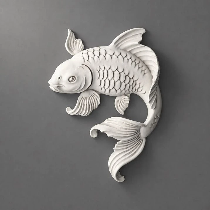 NPU-487 Fish Stucco Decoration in White Polyurethane on a Gray Background.
