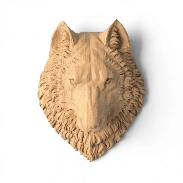 Carved wooden mask in the shape of a wolf