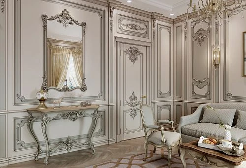Classic Italian living room furniture in an interior with carved decoration