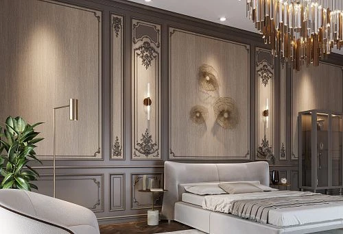 Italian furniture bed in an elegant bedroom with decorative panels