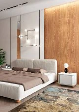 Round legs for bedside table and bed photo in interior