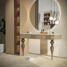Turned furniture leg MN-106 from wood for console, photo with furniture
