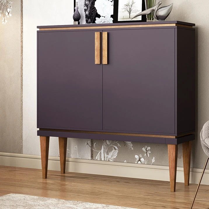 Geometric legs MN-146M on a modern chest of drawers in a living room interior. Example of using furniture legs with coating.
