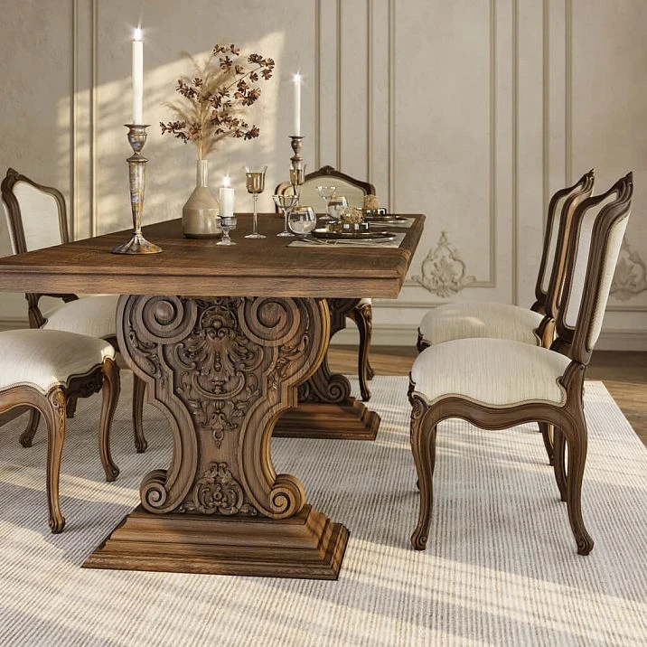 Unpainted carved leg MN-244 made of oak, dimensions 740&times;650&times;337 mm, with deep relief for premium dining tables