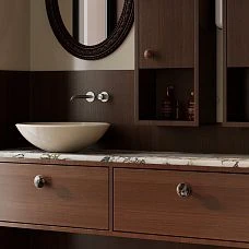 TON HL-058-2M handle made of walnut with white oil, elongated shape for minimalist kitchens, cabinets, and chests in light Scandinavian interiors