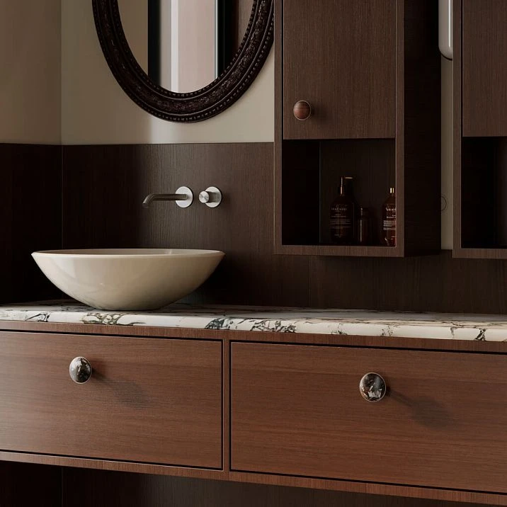 TON HL-058-2M handle made of walnut with white oil, elongated shape for minimalist kitchens, cabinets, and chests in light Scandinavian interiors