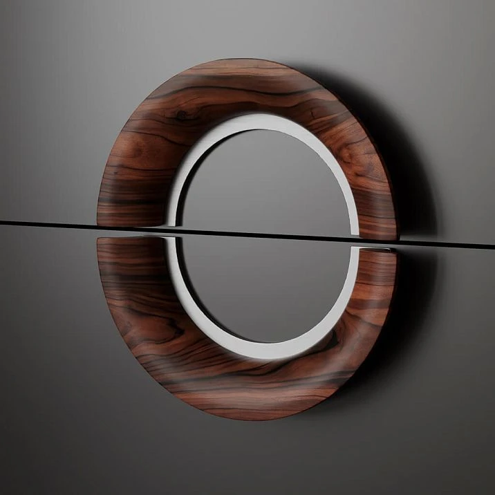 Orion HL-068M furniture handle made of precious wood with Stavros metal. Double semicircular Art Deco shape for hinged fronts, ergonomic