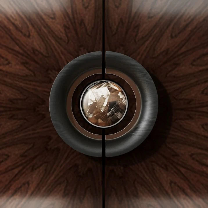 Decorative insert for furniture handle HL‑070‑1M made of zebrano wood with stainless steel edging for modern facades