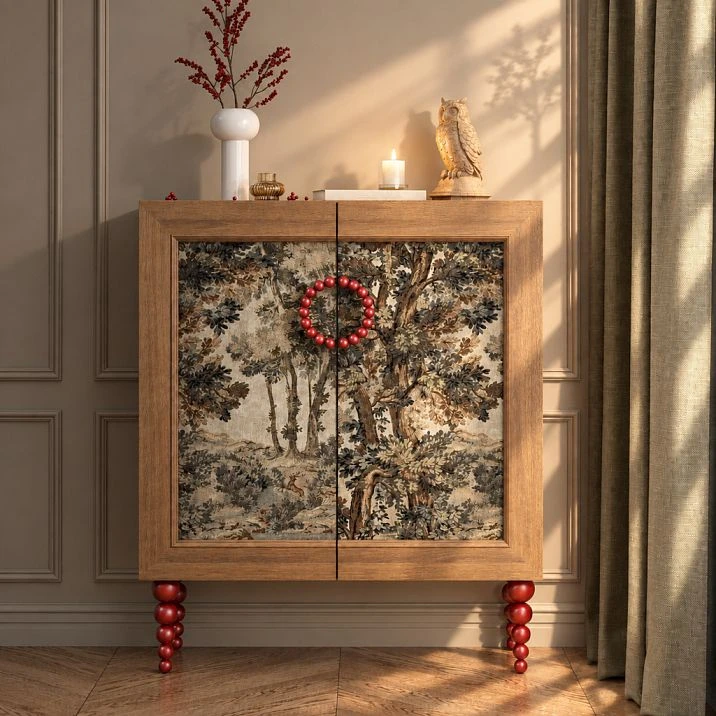 Eclipse HL-072 furniture handles made of burgundy spheres form a ring at the junction of the cabinet doors with the tapestry, front view.