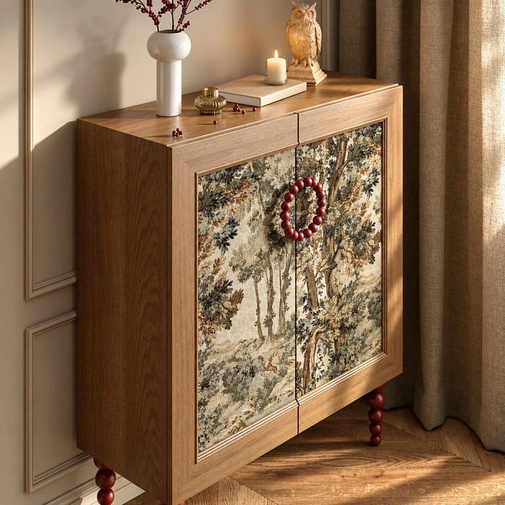Eclipse HL-072 furniture handles on a dresser, top-down angled view: semicircles of dark spheres and protruding mounts.