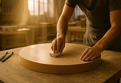 A furniture maker sanding a round wooden workpiece in a workshop under sunlight