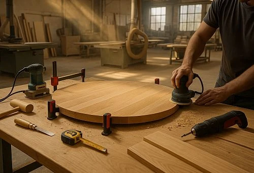 A furniture maker sands a round wooden blank in the workshop, with tools and clamps on the table