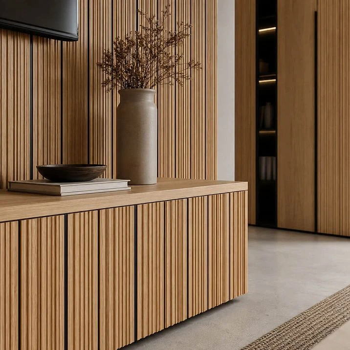 Wooden molding MLD-049 with a fluted profile for modern interior finishing.