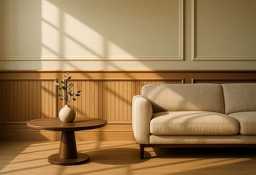 Modern interior with a beige sofa and round wooden table against a wall with decorative moldings