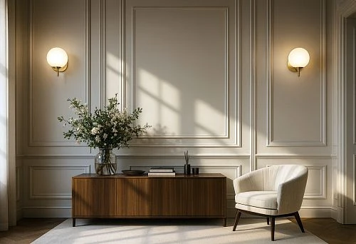 Classic Interior with a Wooden Cabinet, Light Armchair, and Wall Moldings in Sunlight