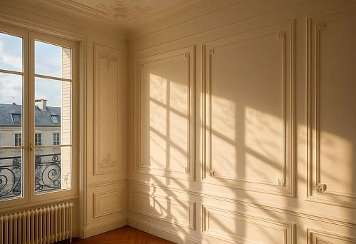 Interior of a Room with Classic Decorative Molding on Walls and Soft Sunlight from the Window