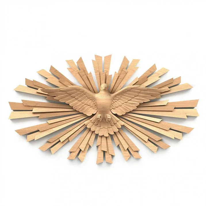 Applique 'Dove N-457' from oak &mdash; decorative element with image of the Holy Spirit surrounded by rays of light.