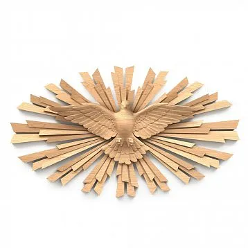 Applique 'Dove N-457' from oak &mdash; decorative element with image of the Holy Spirit surrounded by rays of light.