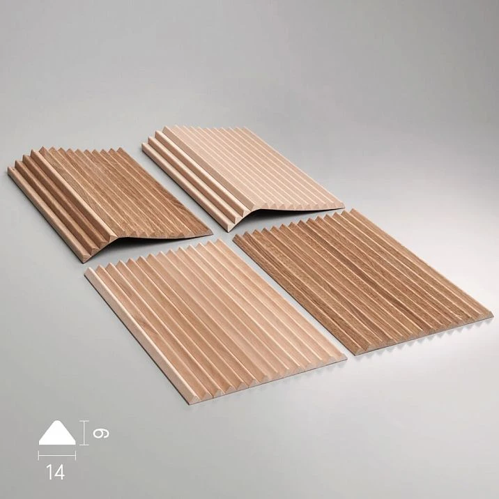 Samples of slat panel OPAN-005 made of MDF, beech and oak with longitudinal relief