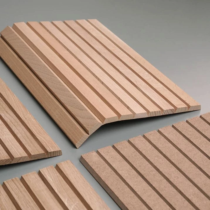 Close-up of the OPAN-007 slatted panel sample with wood texture and even slats