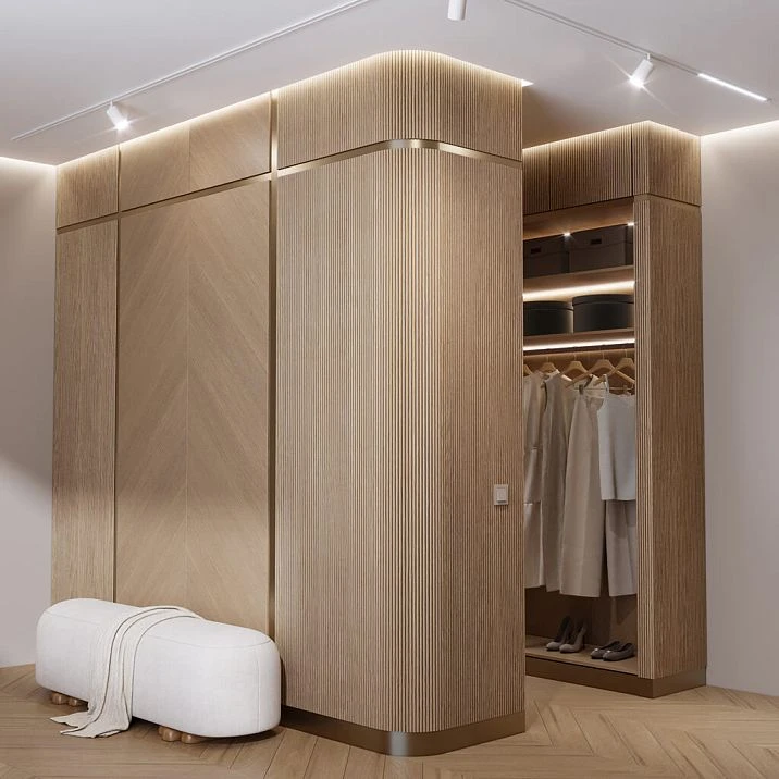Interior slatted panel PAN-001 creates rhythm and texture on apartment walls