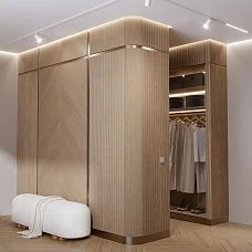 Interior slatted panel PAN-001 creates rhythm and texture on apartment walls