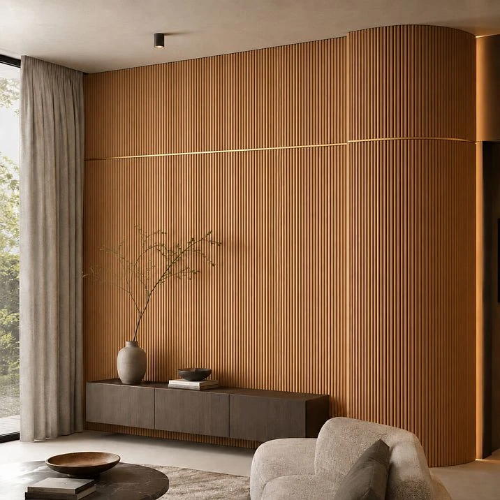 Interior with a slatted panel PAN-003 on the wall in a modern style.