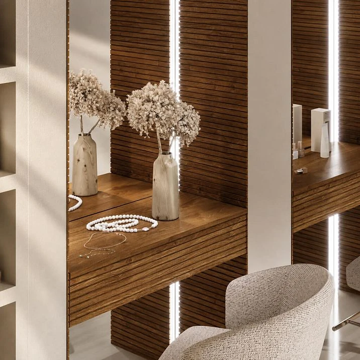 Flexible slat panels for decorating radius walls, arches, niches, and curved surfaces.