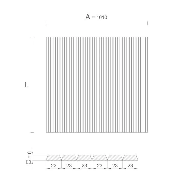 Drawing of slatted panel PAN-007 size 1010 mm with profile 23 &times; 8 mm