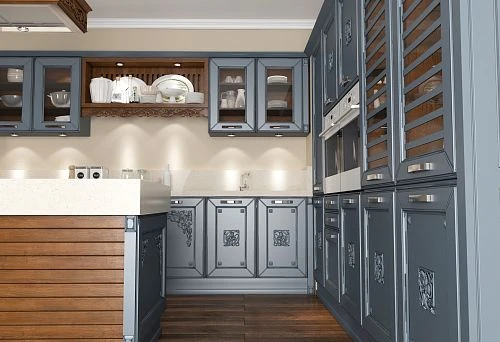 Modern kitchen with gray-blue facades, decorative inserts, wooden elements, and built-in appliances