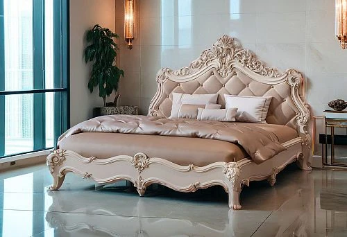 Modern bedroom interior with furniture in classic style.