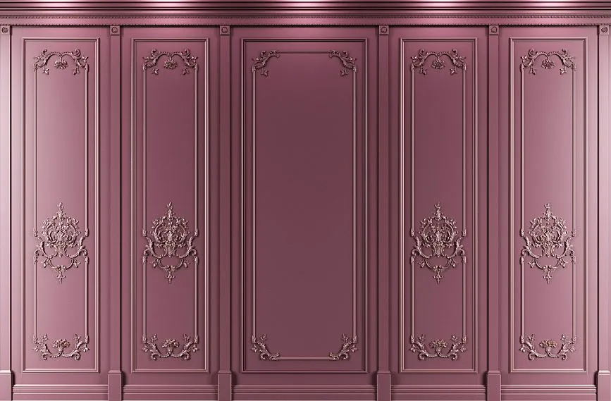 Classical decorative wall with stucco and moldings in warm tones